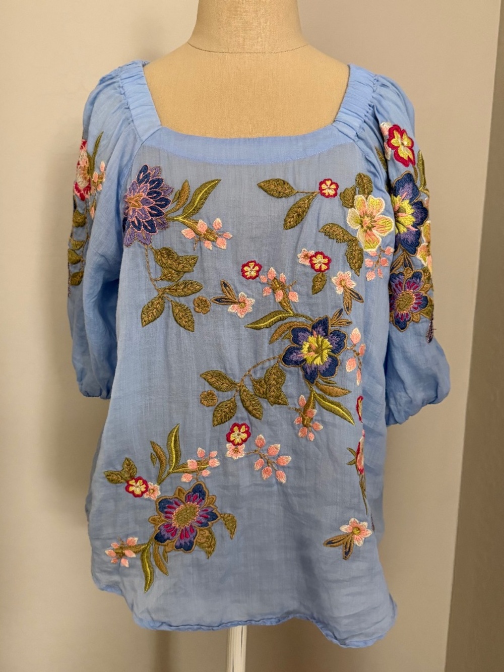 Sundance Blooming Arbor Embroidered Blue Short Sleeve Blouse Size Petite Large